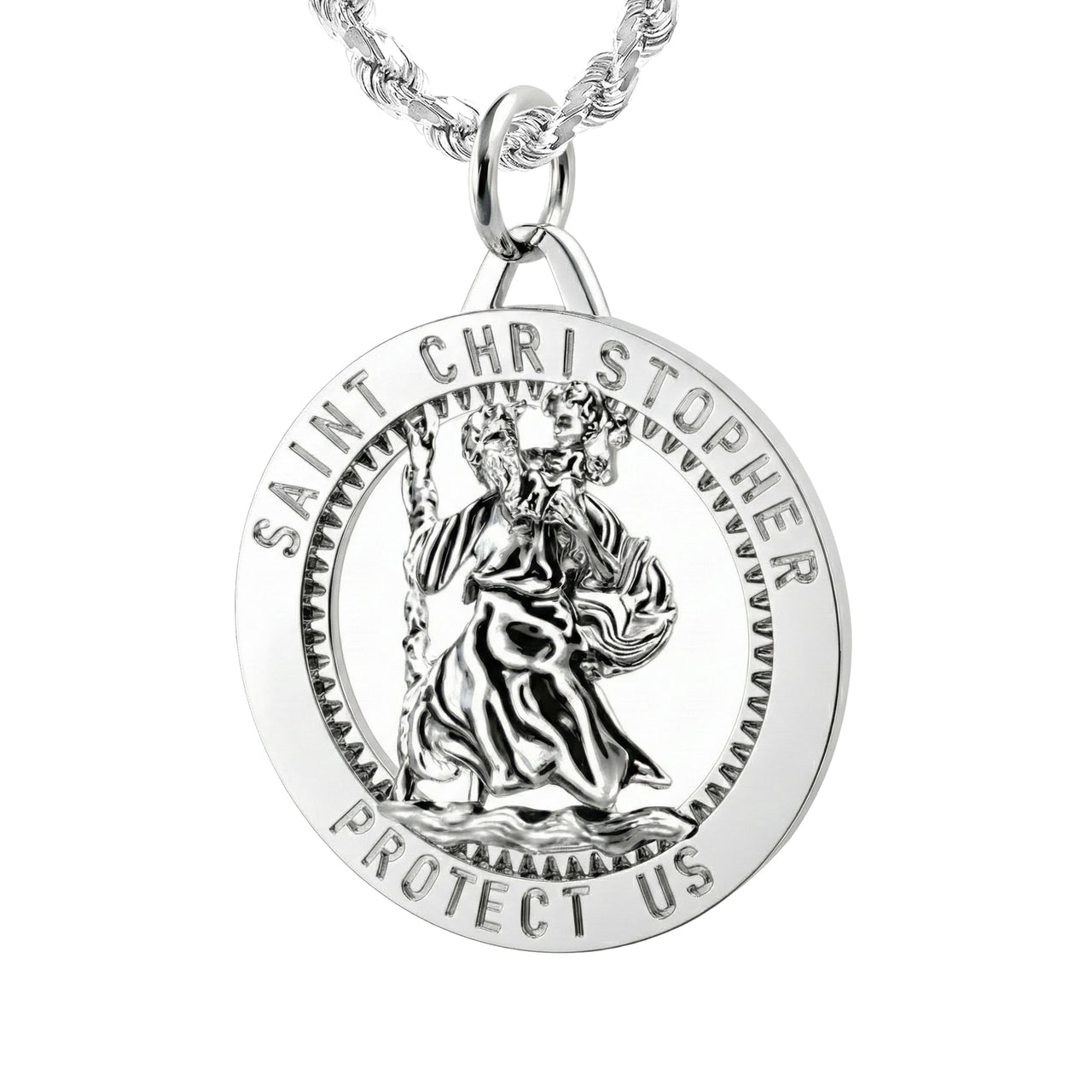 Men's 925 Sterling Silver Saint Christopher Round Polished Pendant Necklace, 32mm