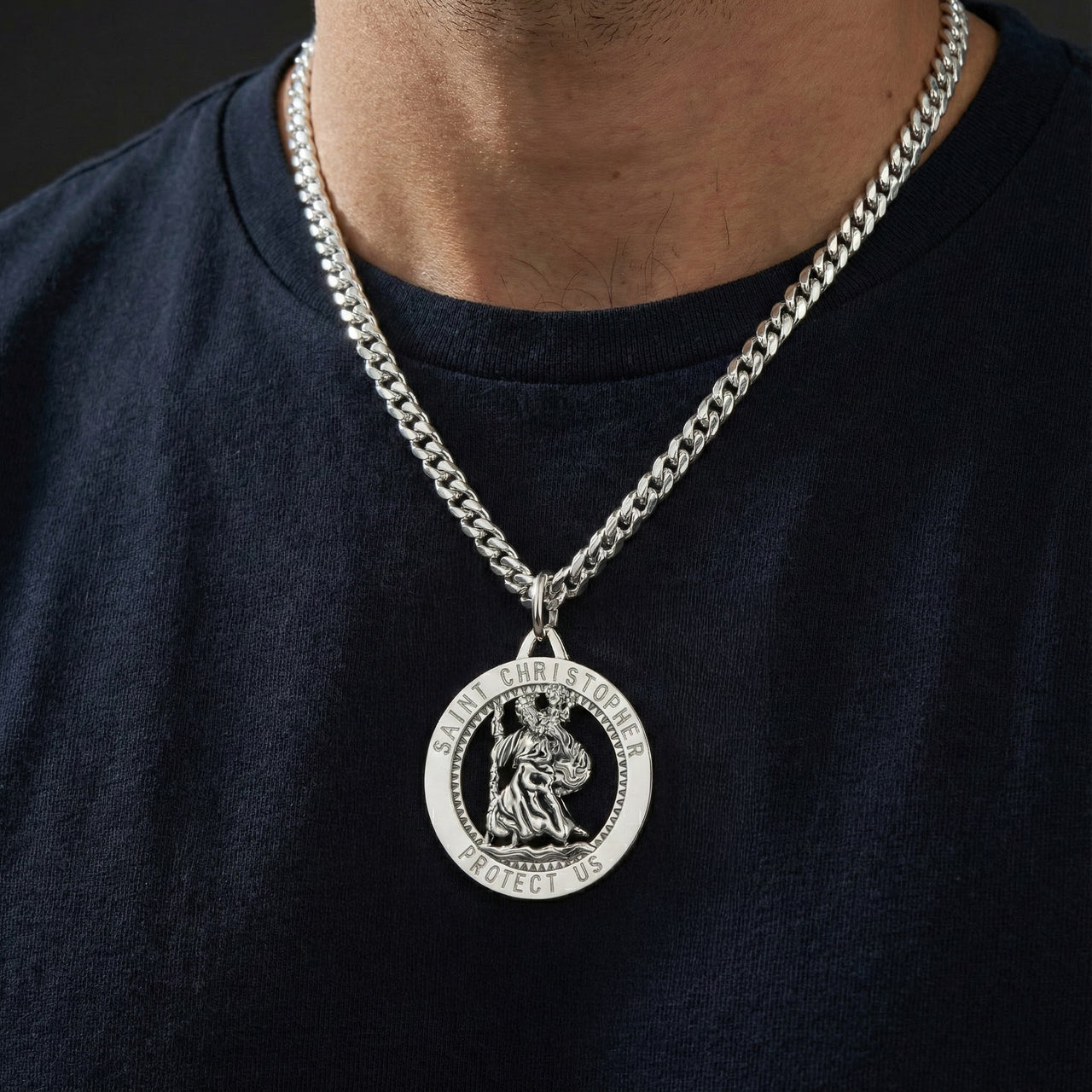 Men's 925 Sterling Silver Saint Christopher Round Polished Pendant Necklace, 32mm