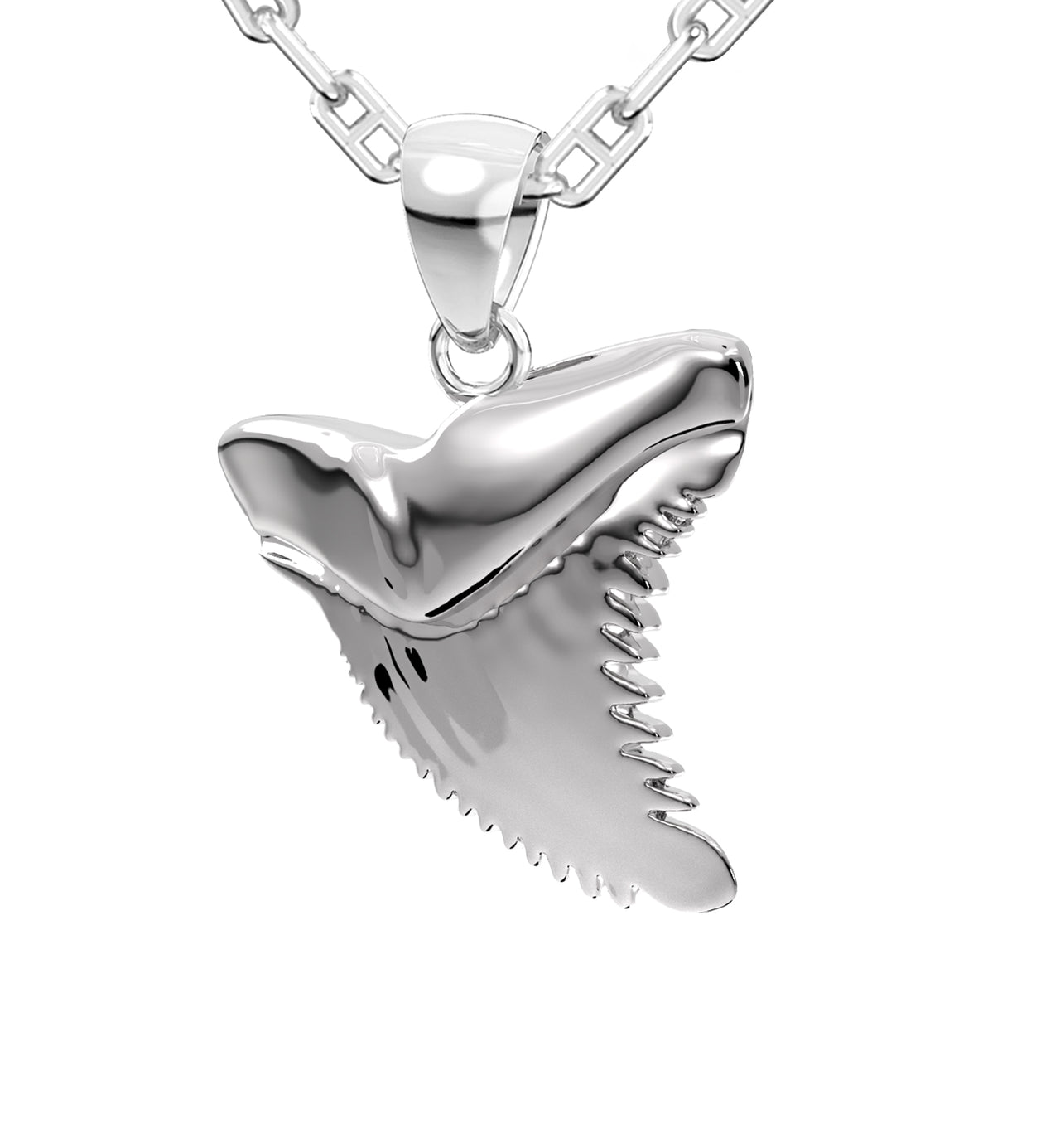 Men's Solid 925 Sterling Silver Tiger Shark Tooth Pendant Necklace, 28mm