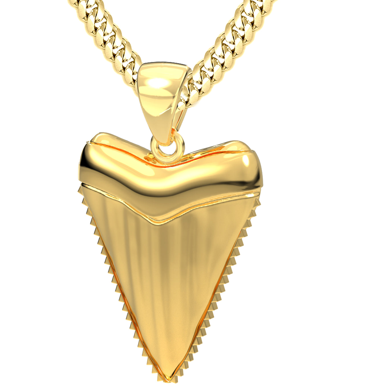 Men's XL Heavy Solid 14k Yellow Gold Great White Shark Tooth Pendant Necklace, 37mm