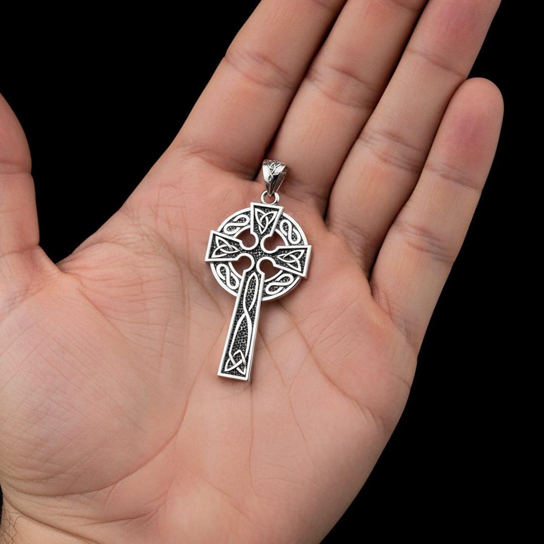 925 Sterling Silver 1.625in Irish Celtic Knot Cross Pendant Necklace, Antique Finish