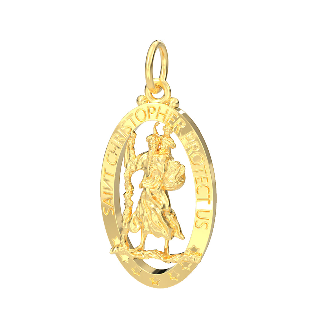 Ladies 14K Yellow Gold Saint Christopher Polished Finish Pierced Pendant Necklace, 25mm
