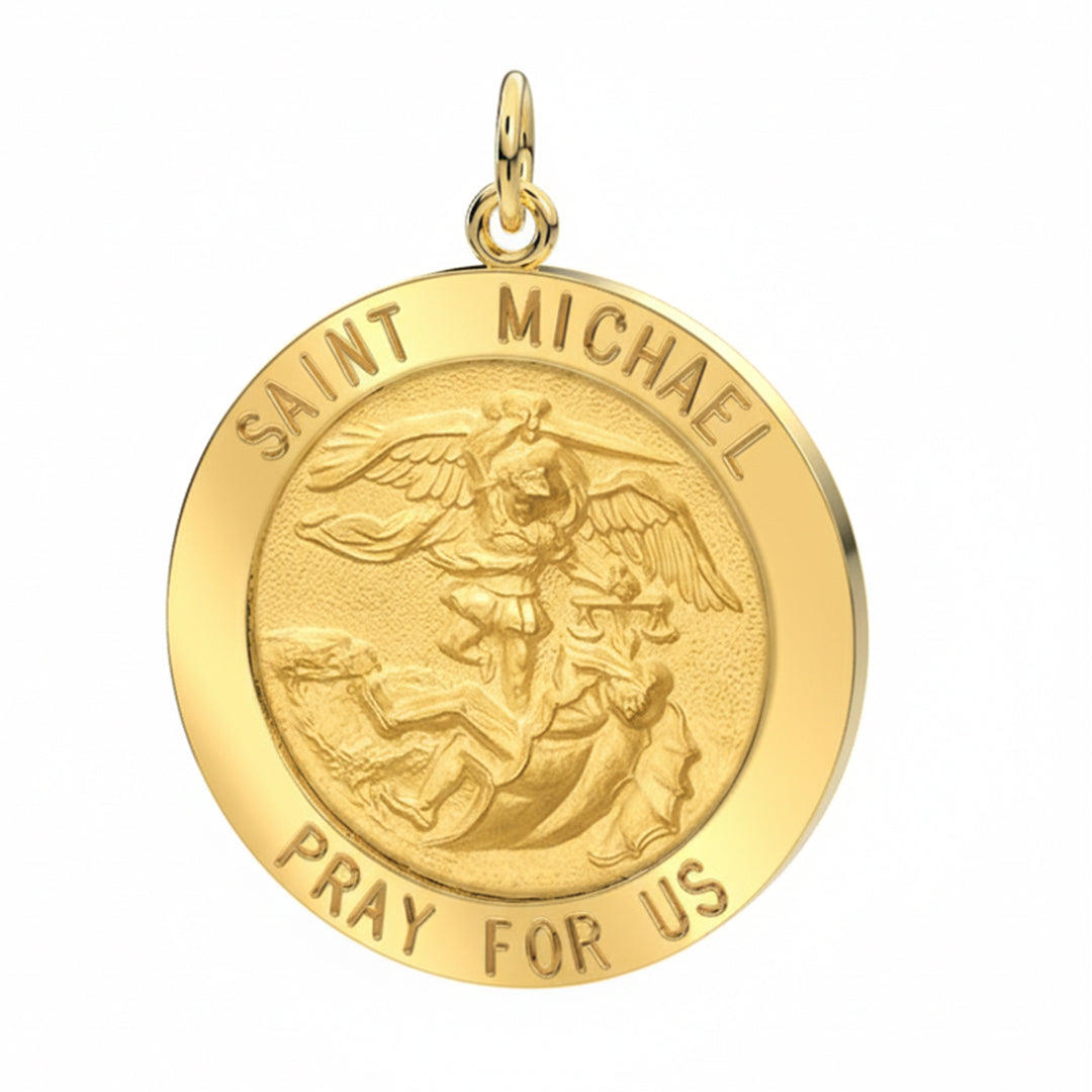 Men's 14k Yellow Gold Round St Saint Michael Solid Medal Pendant, 25mm