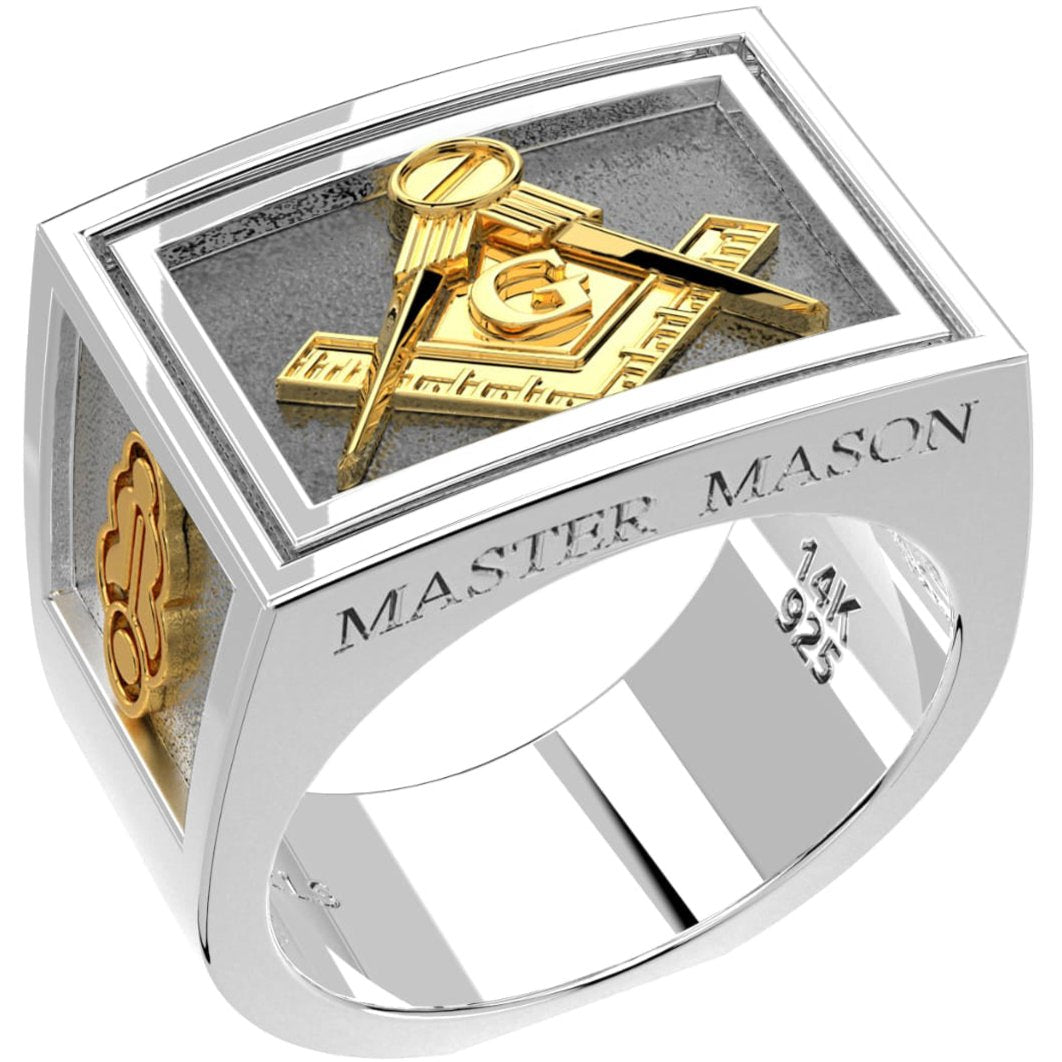 Men's Master Mason Two Tone 925 Sterling Silver and 14k Yellow Gold Ring