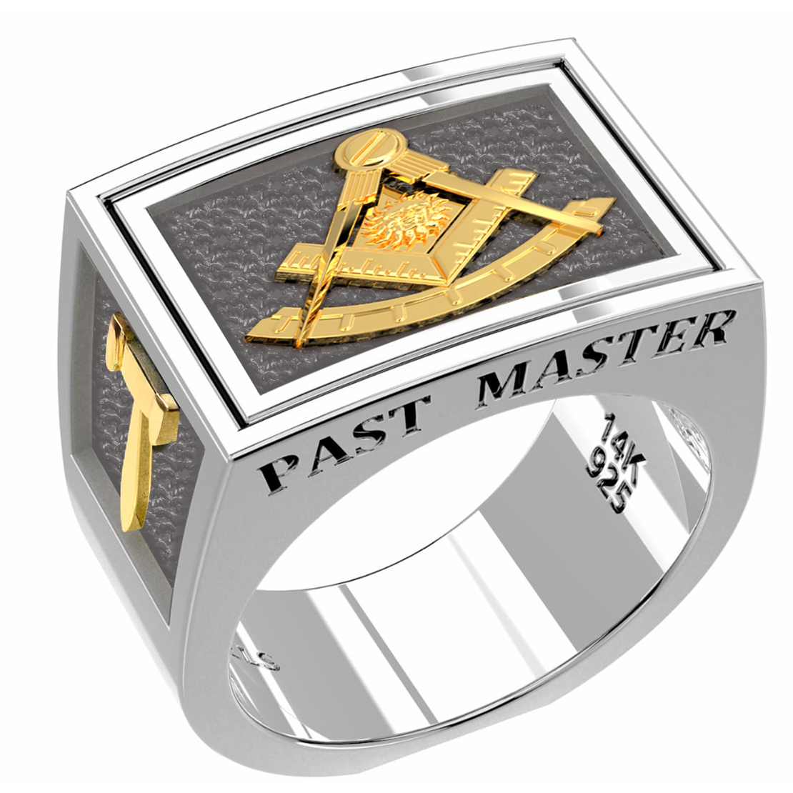 Men's Two-Tone Past Master 925 Sterling Silver and 14k Yellow Gold Masonic Ring