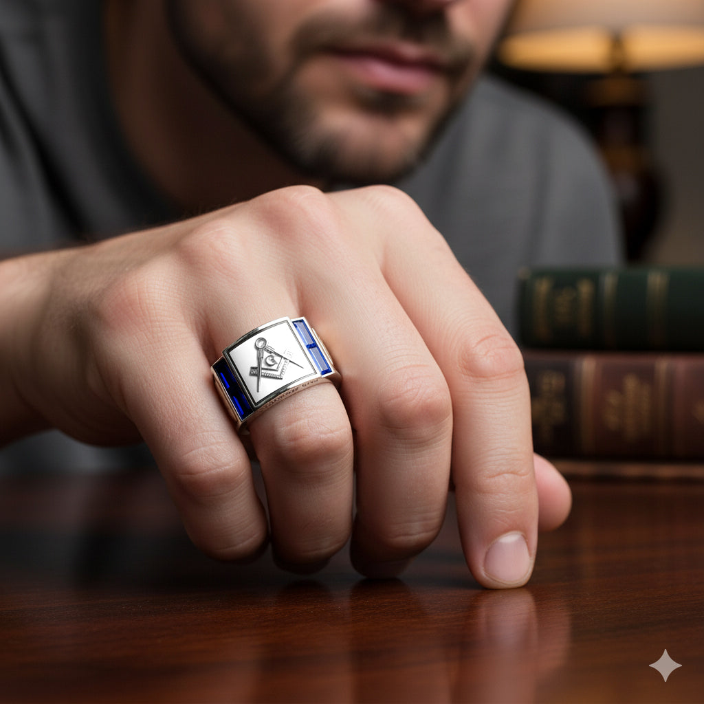 Men's 925 Sterling Silver Lab-Grown Sapphire Master Mason Masonic Ring