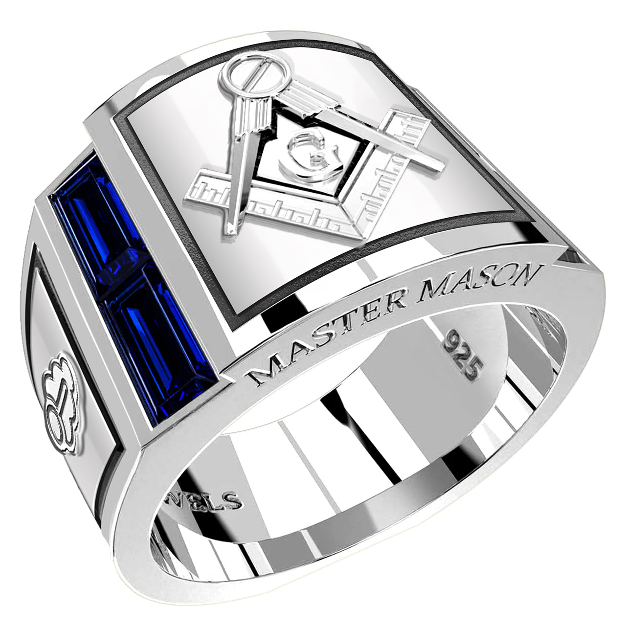 Men's 925 Sterling Silver Synthetic Sapphire Master Mason Masonic Ring