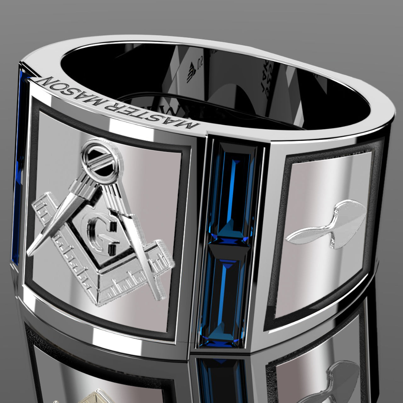 Men's 925 Sterling Silver Synthetic Sapphire Master Mason Masonic Ring