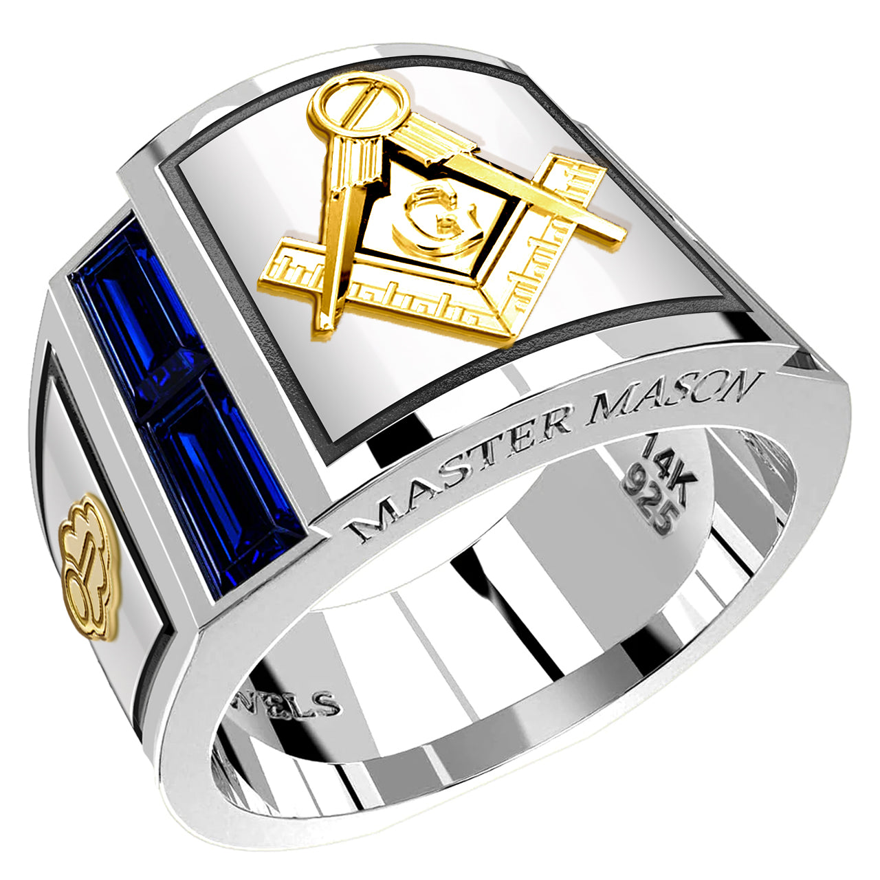 Men's 925 Sterling Silver & 14k Gold Synthetic Sapphire Master Mason Masonic Ring