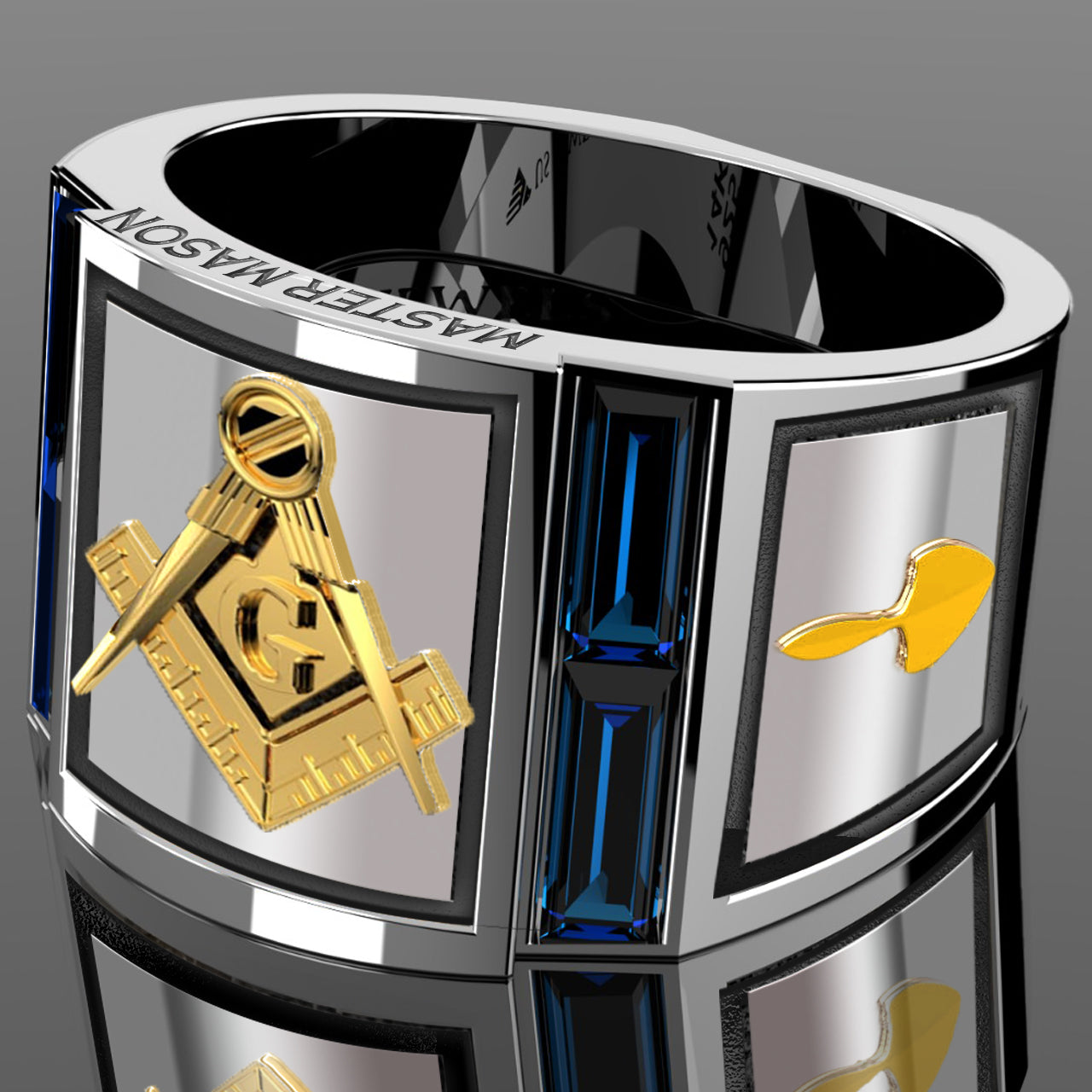 Men's 925 Sterling Silver & 14k Gold Synthetic Sapphire Master Mason Masonic Ring