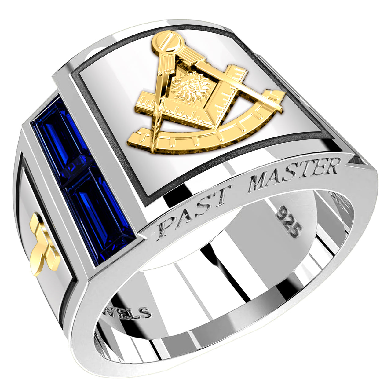 Men's 925 Sterling Silver & 14k Gold Synthetic Sapphire Past Master Masonic Ring