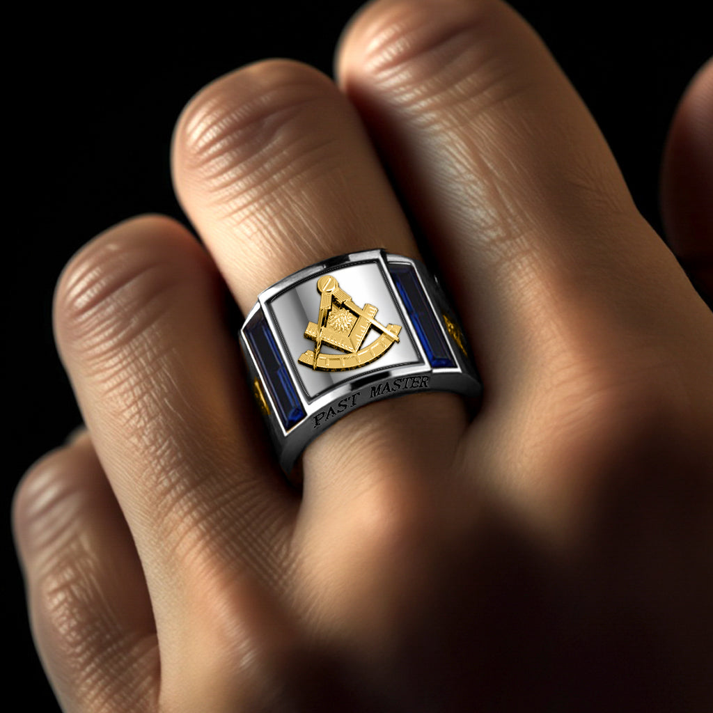 Men's 925 Sterling Silver & 14k Gold Lab-Created Sapphire Past Master Masonic Ring