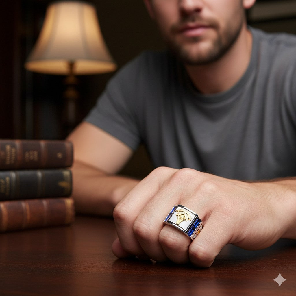 Men's 925 Sterling Silver & 10k or 14k Gold Lab-Created Sapphire Past Master Masonic Ring