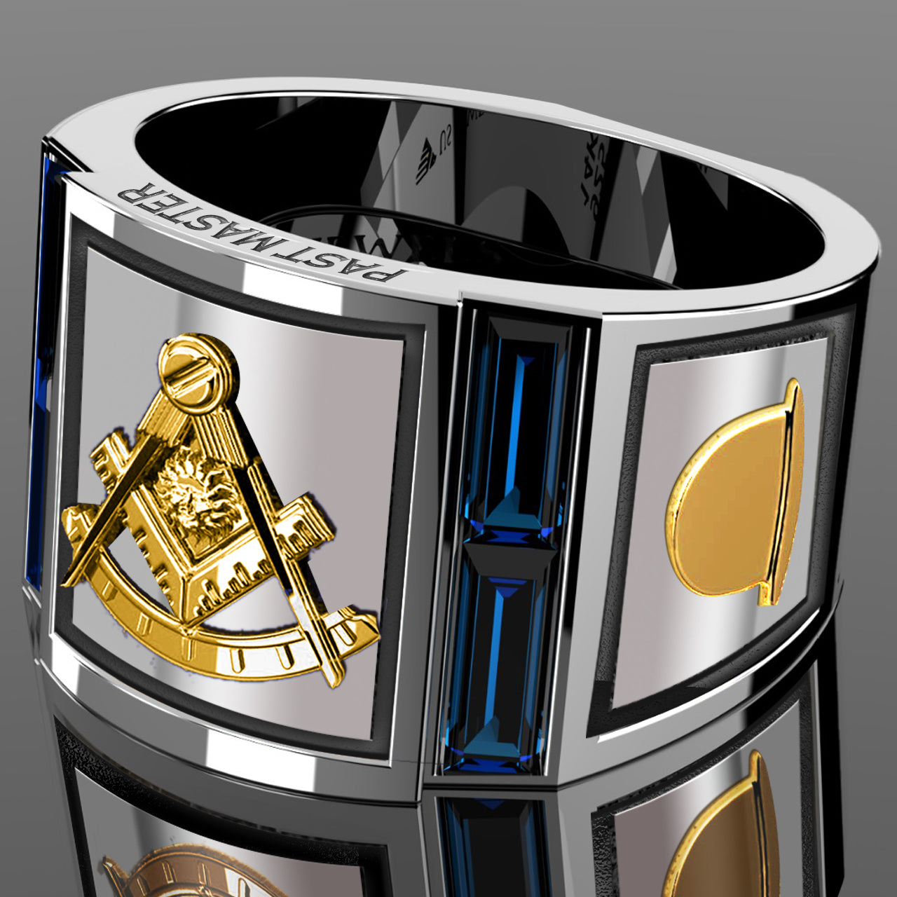 Men's 925 Sterling Silver & 14k Gold Synthetic Sapphire Past Master Masonic Ring