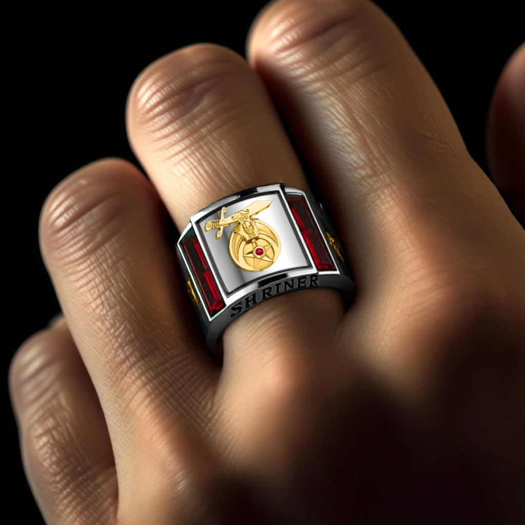 Men's Shriner 925 Sterling Silver. and 14k Yellow Gold Lab Created Ruby Masonic Ring