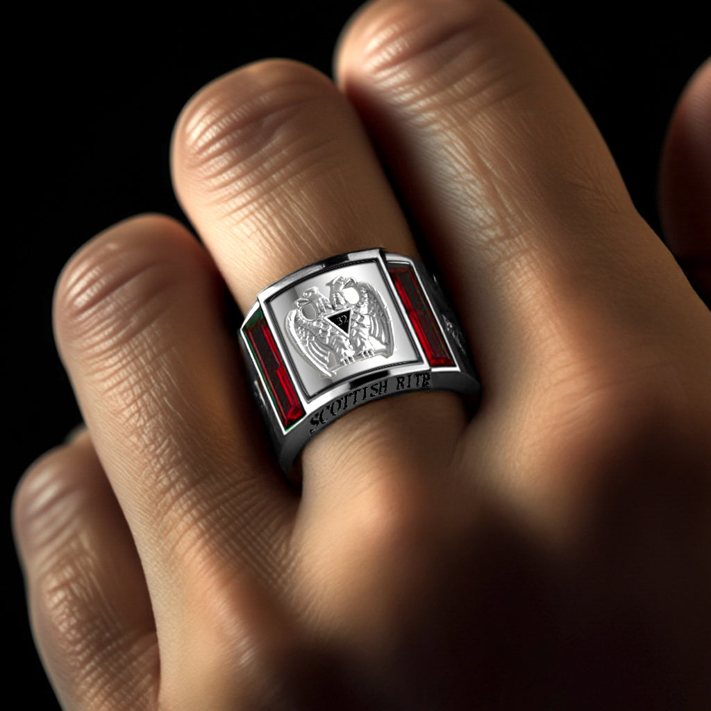 Men's Scottish Rite 925 Sterling Silver Lab Created Ruby Masonic Ring