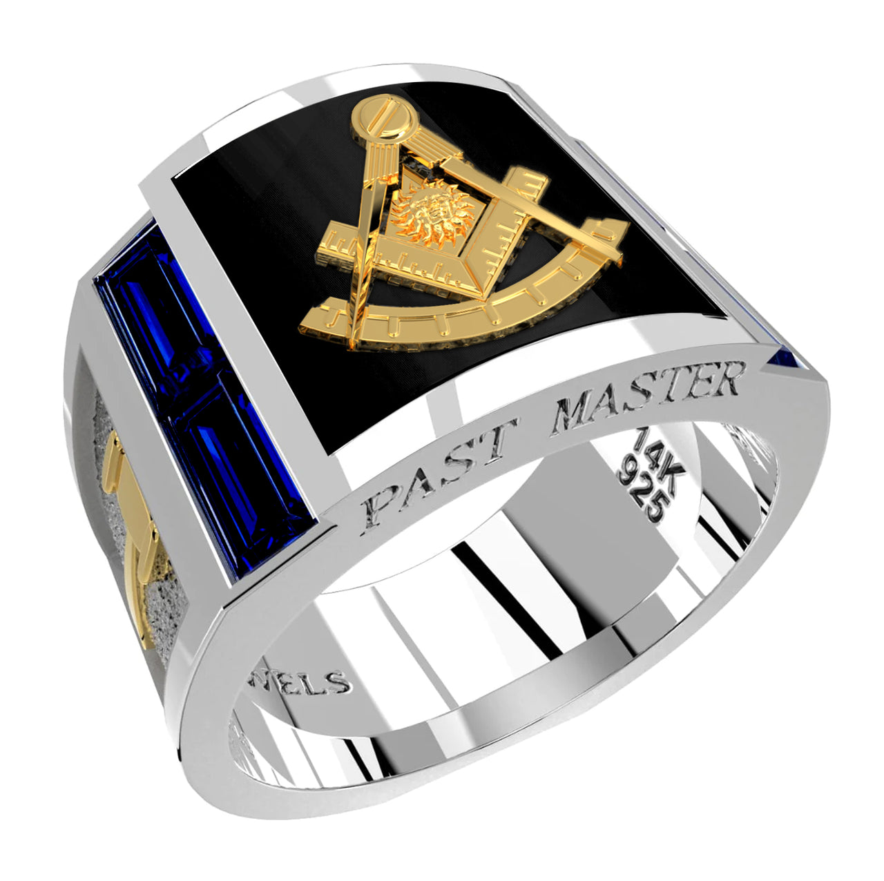 Men's Past Master Two Tone 925 Sterling Silver and 14k Yellow Gold Synthetic Sapphire Ring with Onyx