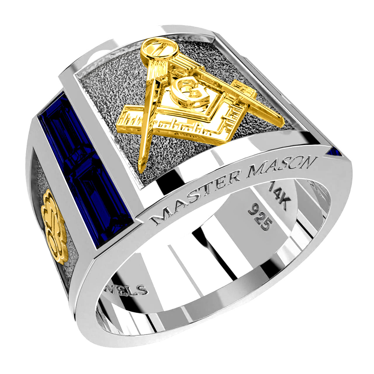 Men's Master Mason Two Tone 925 Sterling Silver and 10k or 14k Yellow Gold Lab-Grown Sapphire Ring