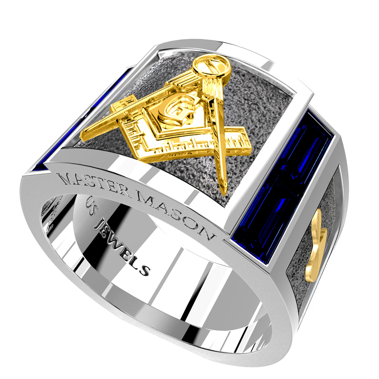 Men's Master Mason Two Tone 925 Sterling Silver and 10k or 14k Yellow Gold Lab-Grown Sapphire Ring