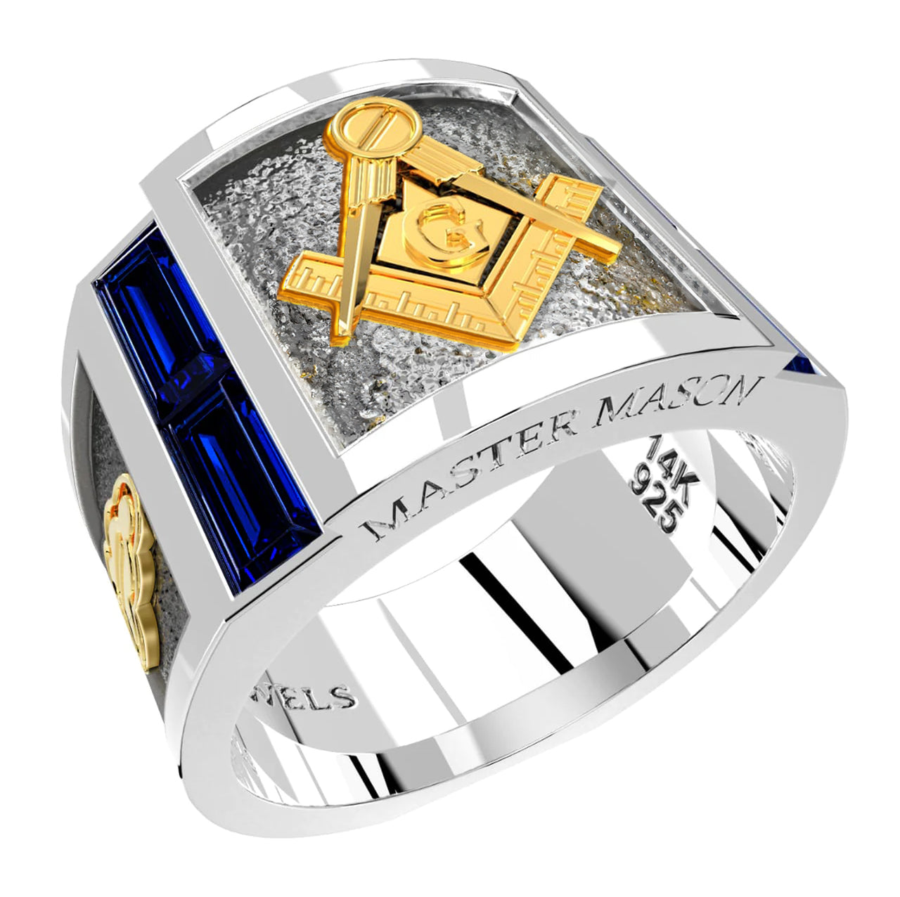 Men's Master Mason Two Tone 925 Sterling Silver and 14k Yellow Gold Synthetic Sapphire Ring