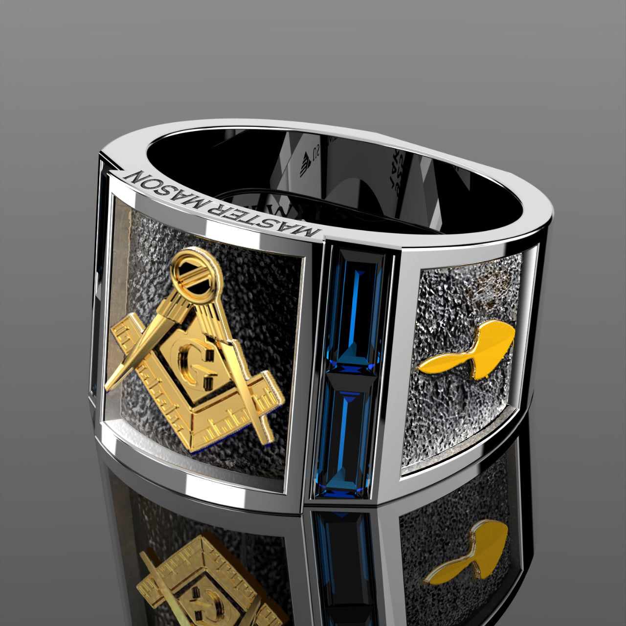 Men's Master Mason Two Tone 925 Sterling Silver and 14k Yellow Gold Synthetic Sapphire Ring