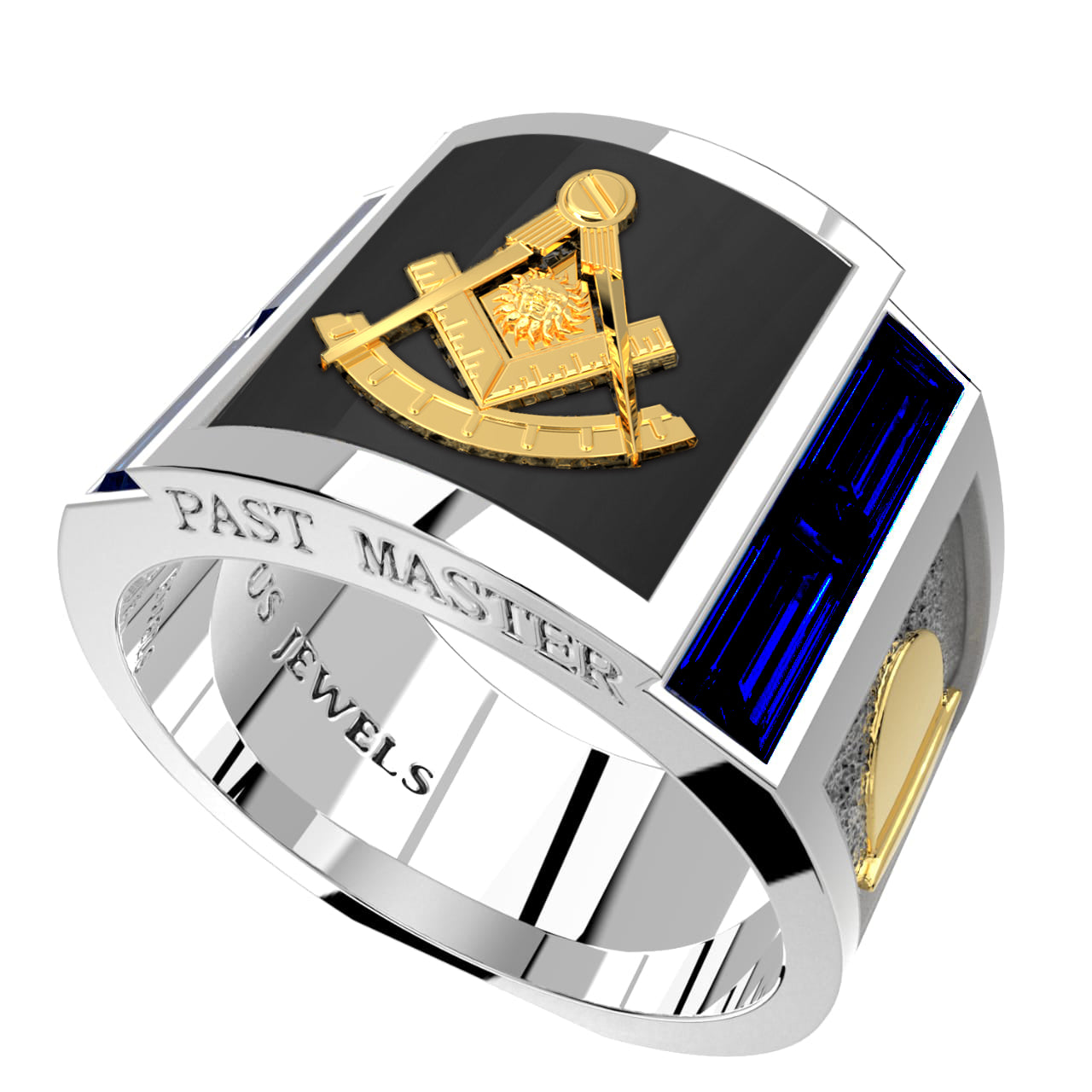 Men's Past Master Two Tone 925 Sterling Silver with 10k or 14k Yellow Gold Lab Created Sapphire Ring with Onyx