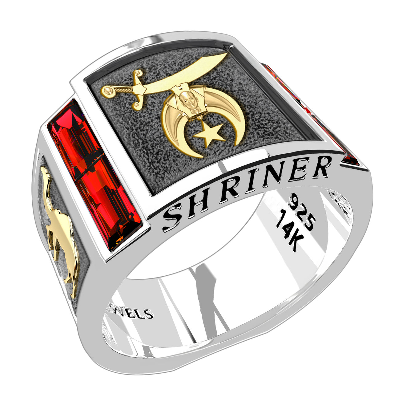 Men's Shriner Two Tone 925 Sterling Silver and 14k Yellow Gold Synthetic Rubies Masonic Ring