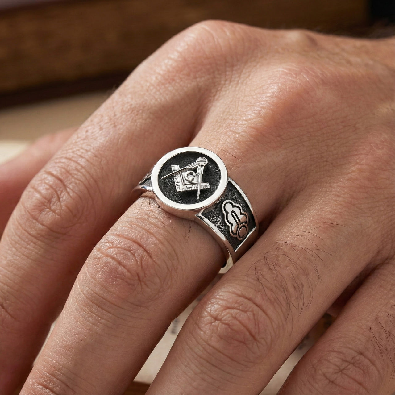 Men's Solid Back 925 Sterling Silver Masonic Blue Lodge Ring