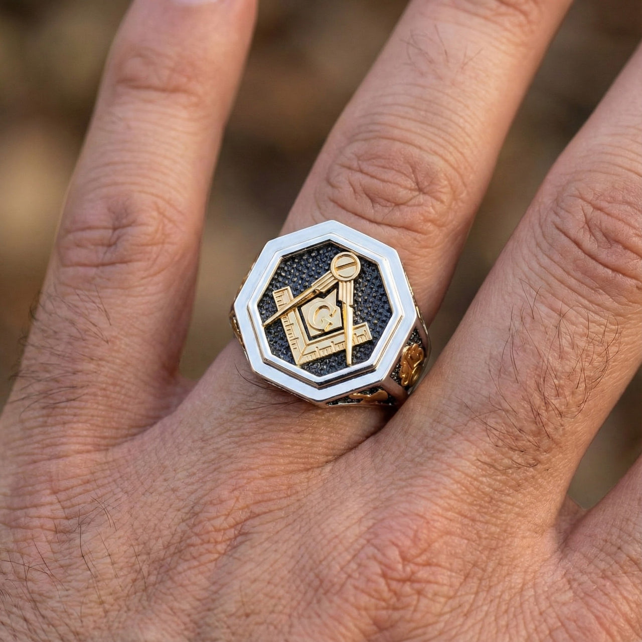 Men's Heavy 925 Sterling Silver & 14K Yellow Gold Master Mason Octagon Ring