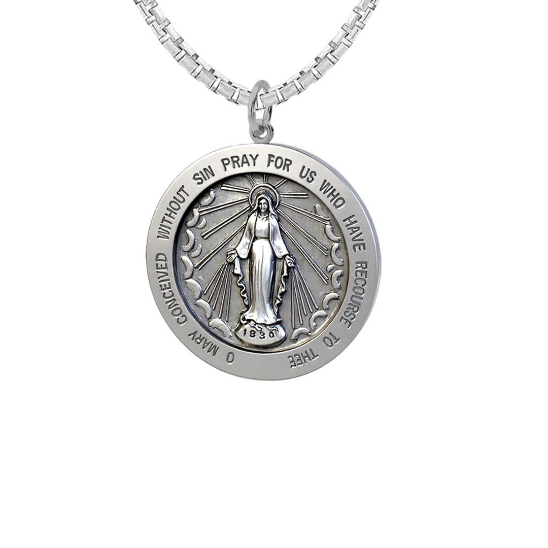 Ladies 925 Sterling Silver Miraculous Virgin Mary Antiqued Pendant Necklace, 22mm