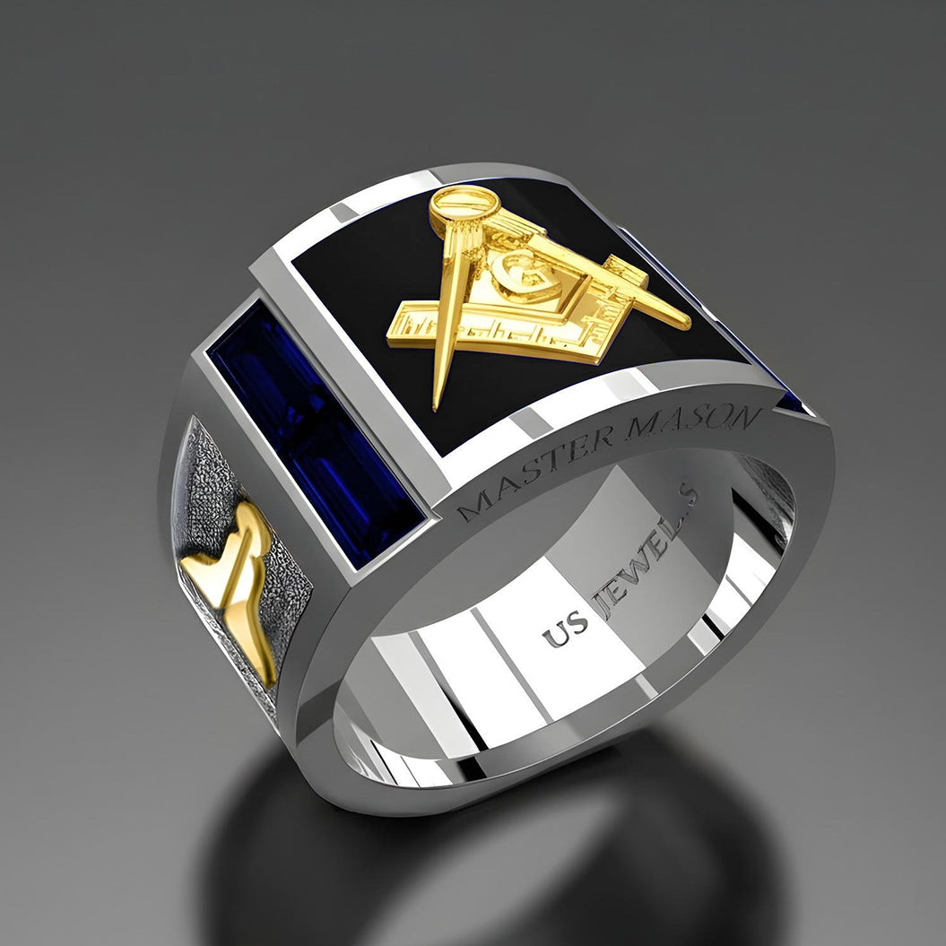 Men's 925 Sterling Silver & 10k or 14k Blue Lab-Grown Sapphire and Onyx Master Mason Masonic Ring
