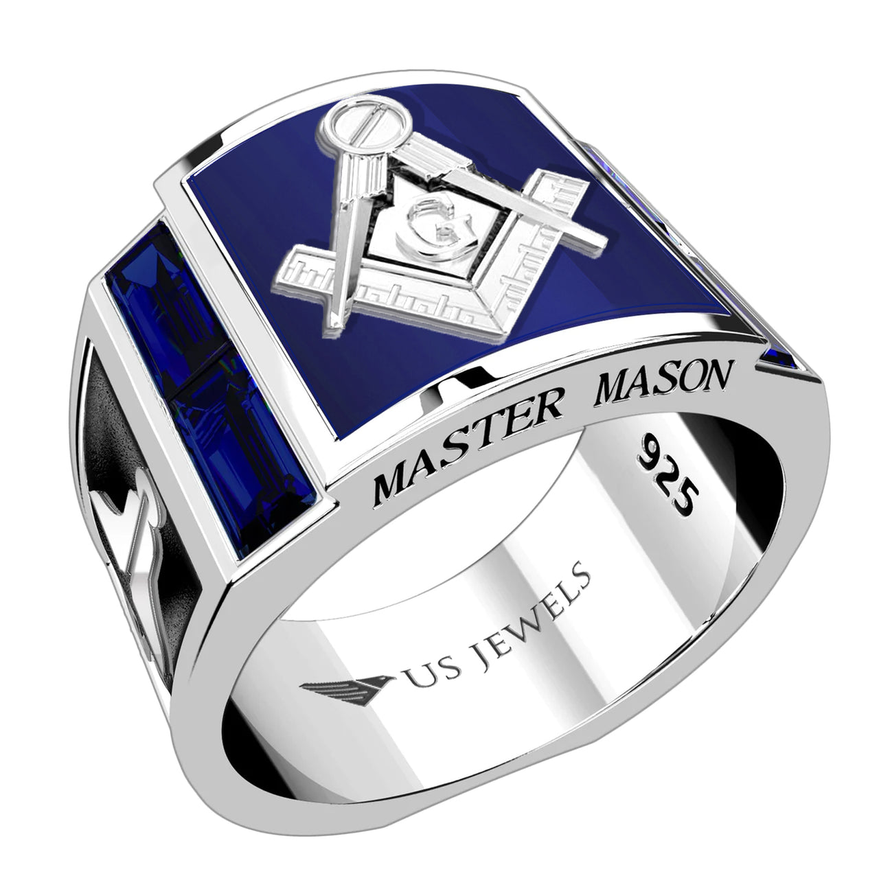 Men's 925 Sterling Silver Genuine Lapis & Synthetic Sapphire Master Mason Masonic Ring