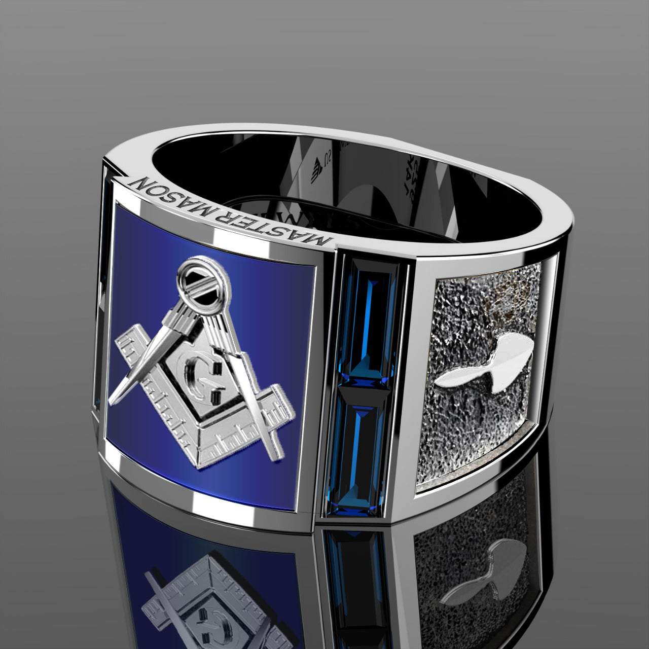 Men's 925 Sterling Silver Genuine Lapis & Synthetic Sapphire Master Mason Masonic Ring