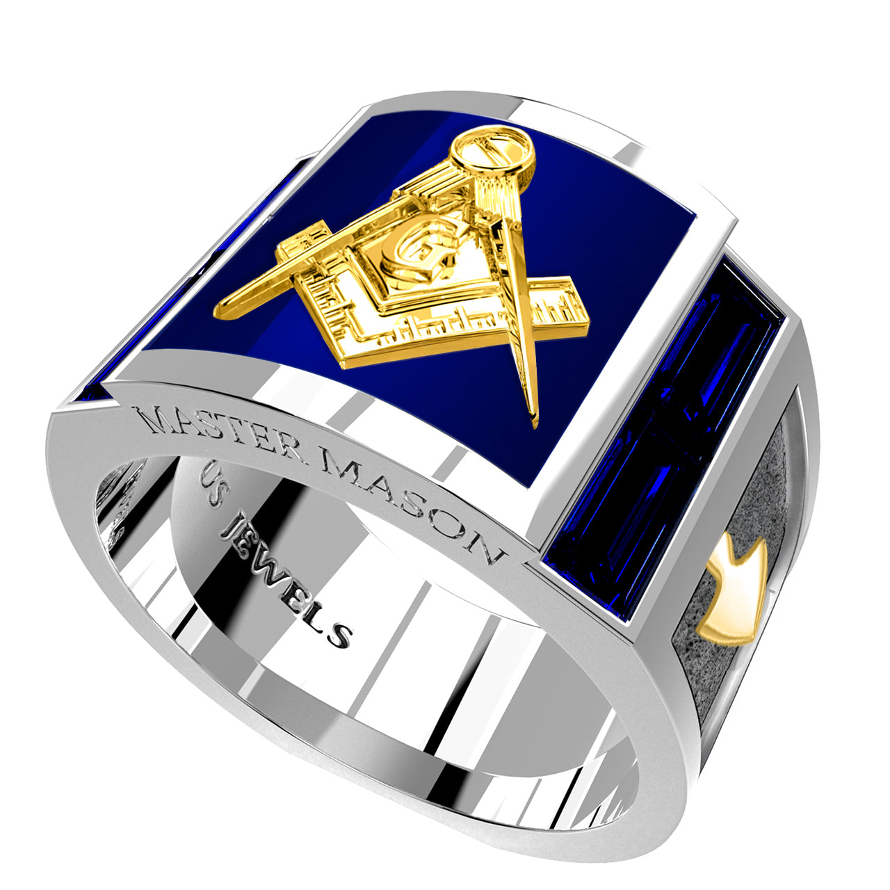 Men's 925 Sterling Silver & 10k or 14k Lab Created Blue Sapphire and Lapis Master Mason Masonic Ring