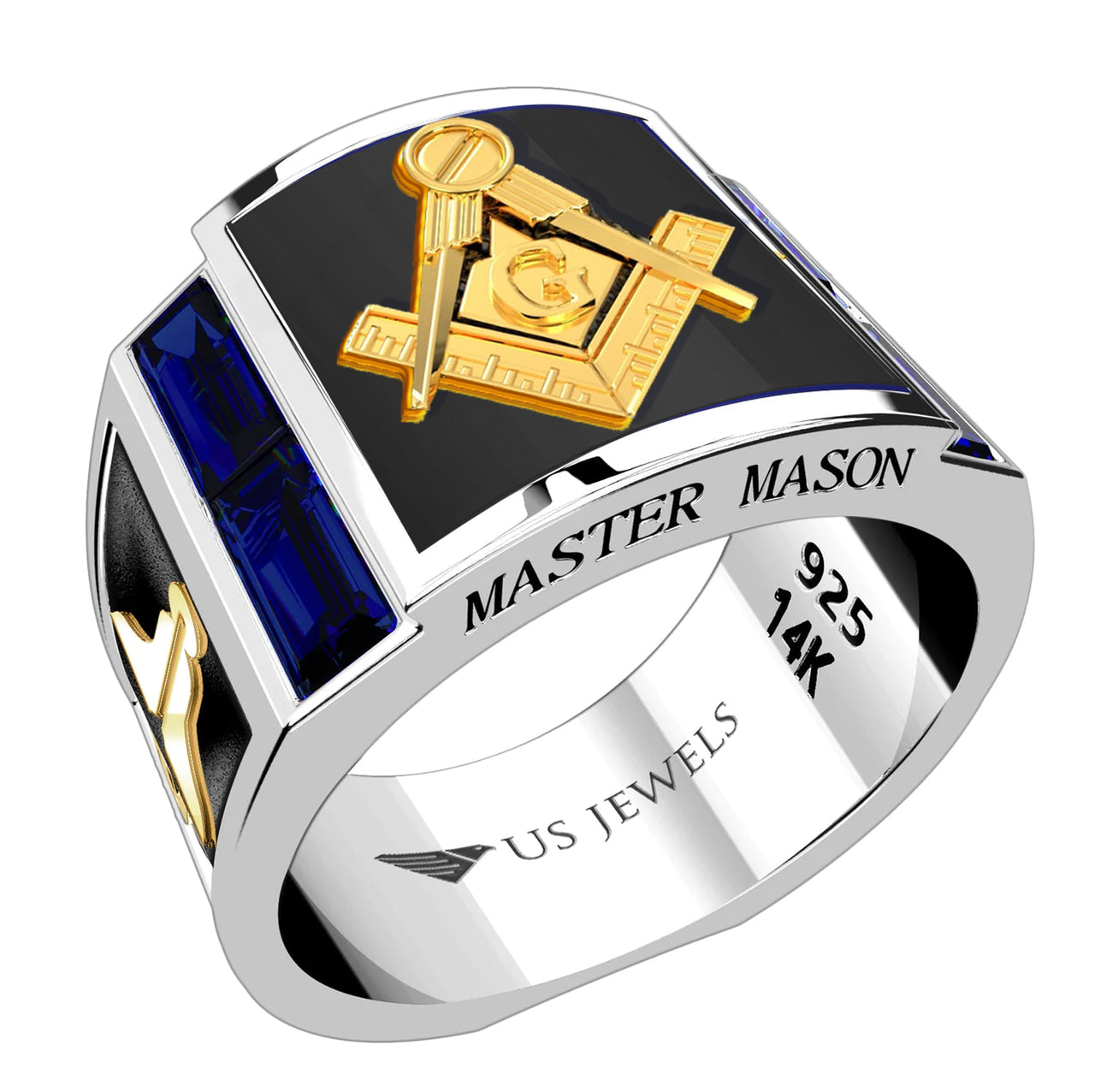 Men's 925 Sterling Silver & 14k Blue Sapphire and Genuine Onyx Master Mason Masonic Ring
