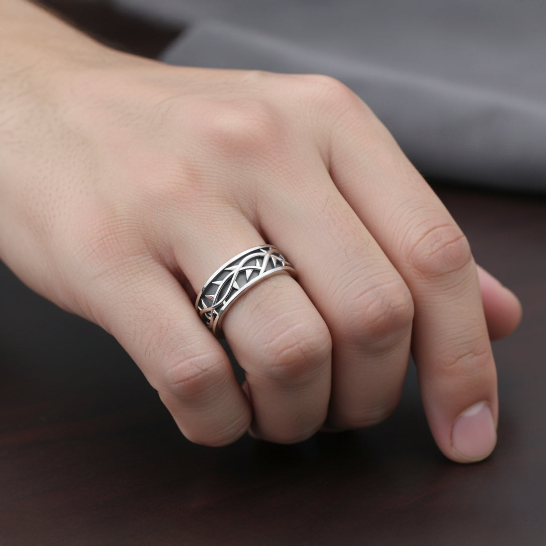 New Men's 8mm 925 Sterling Silver Crown of Thorns Ring