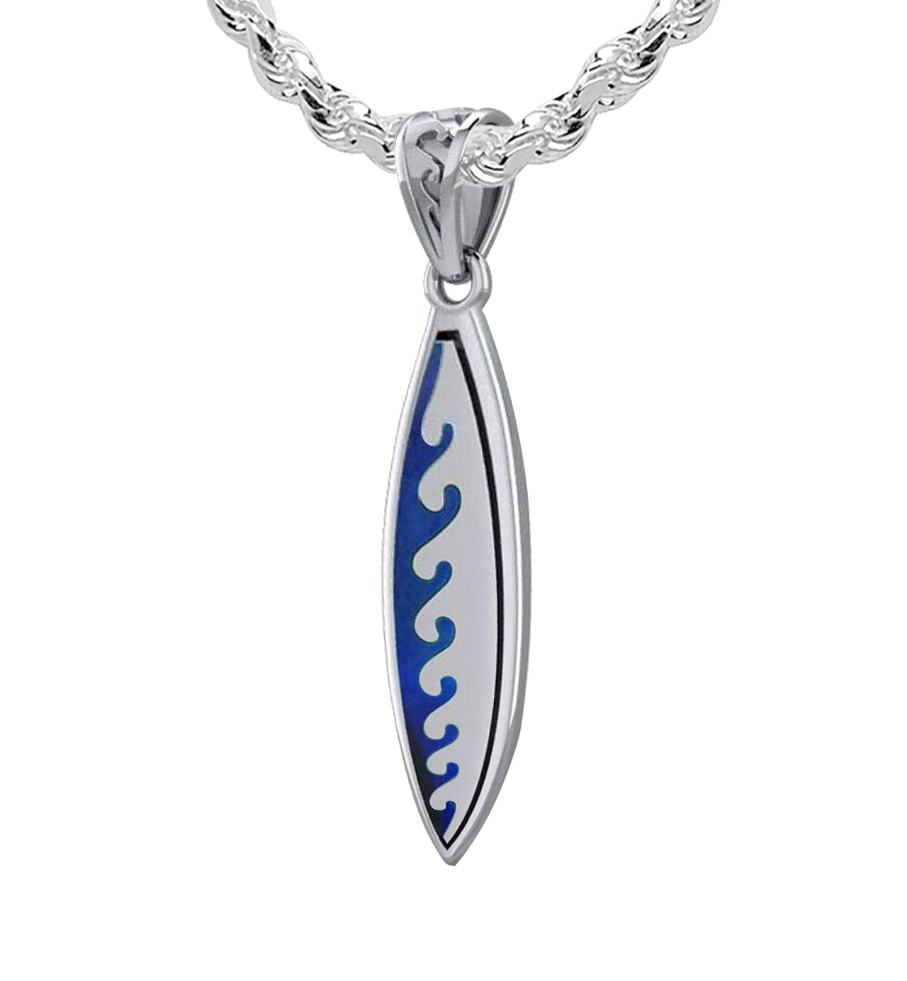 Men's Large Wide Heavy Solid 2in 925 Sterling Silver Wave Surfboard Pendant Necklace, 38mm