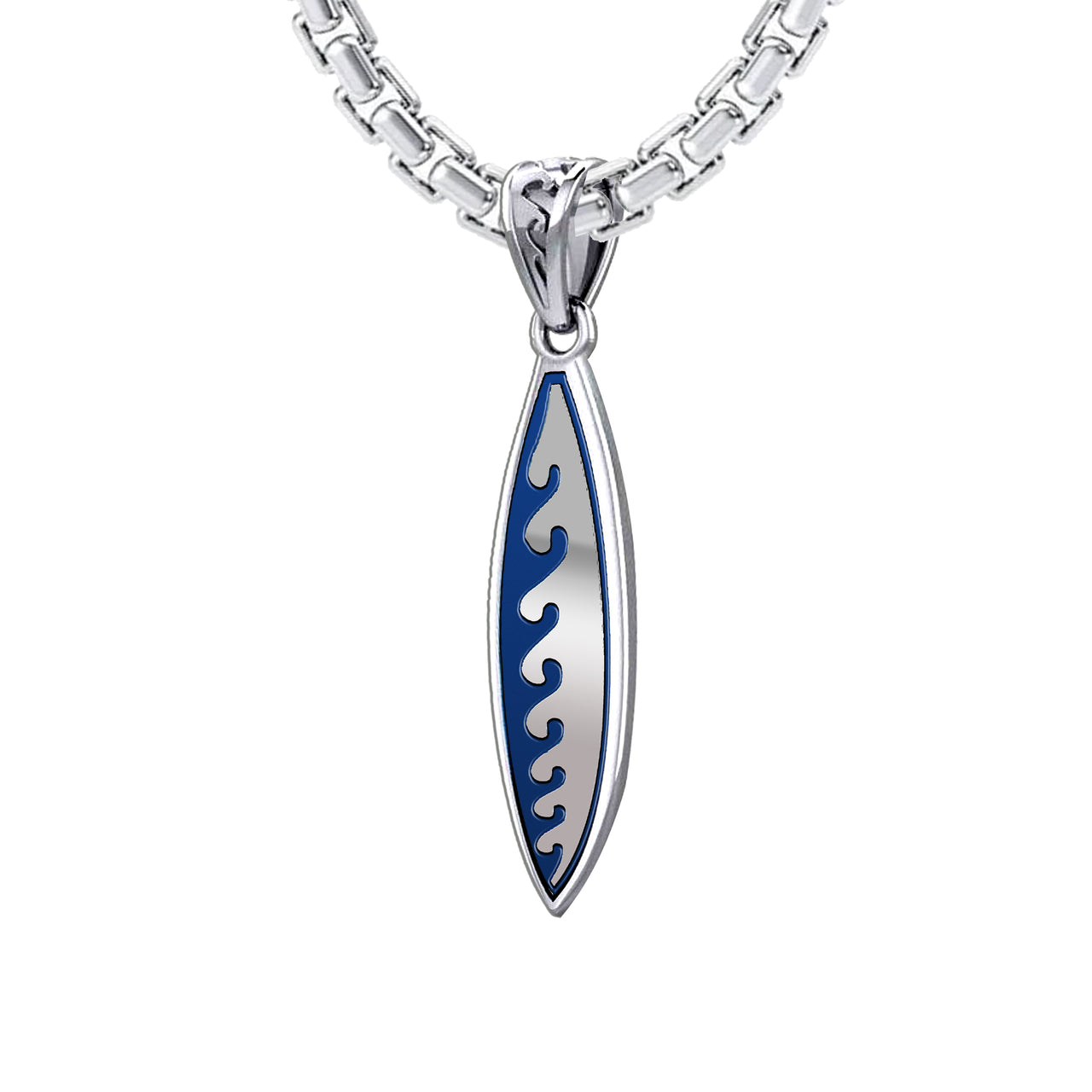 Men's Large 925 Sterling Silver Wave Surfboard Pendant Necklace, 38mm