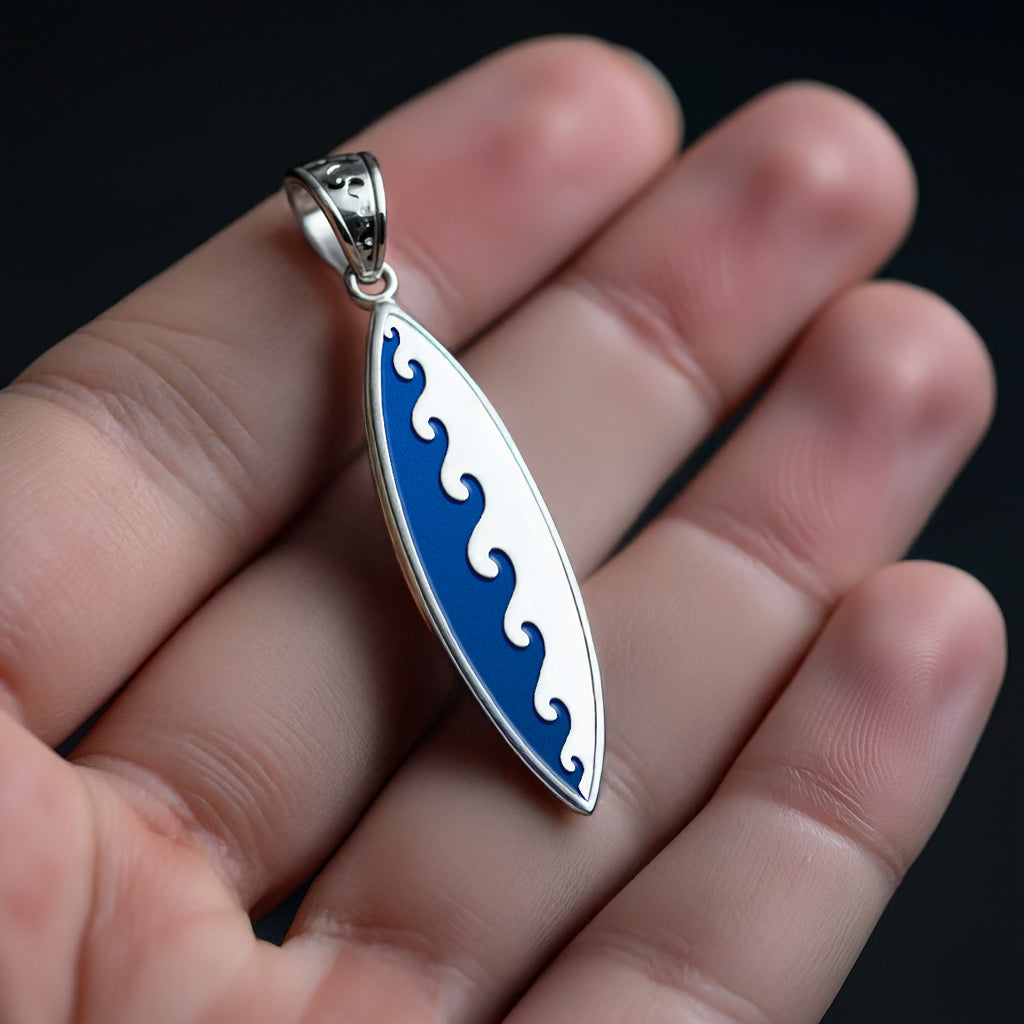 Men's Large 925 Sterling Silver Wave Surfboard Pendant Necklace, 38mm