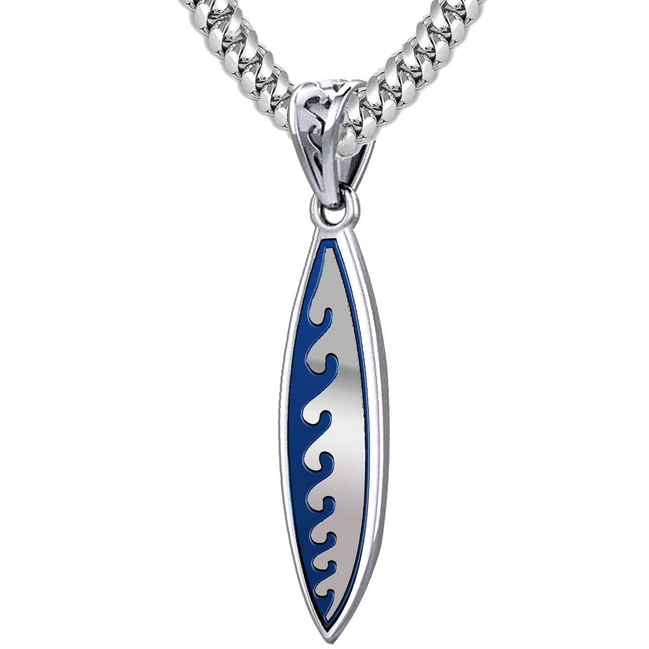 Men's XL Heavy Solid 2in 925 Sterling Silver Wave Surfboard Pendant Necklace, 53mm