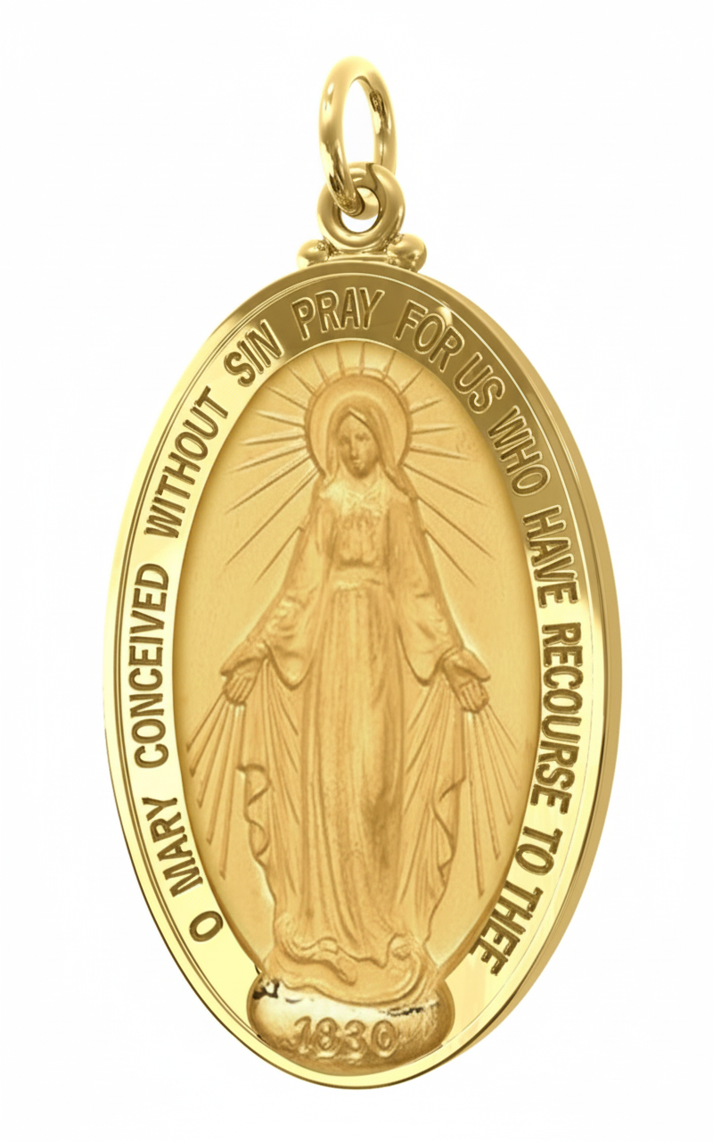 Ladies XL 14K Yellow Gold Miraculous Virgin Mary Solid Oval Polished Pendant, 39mm