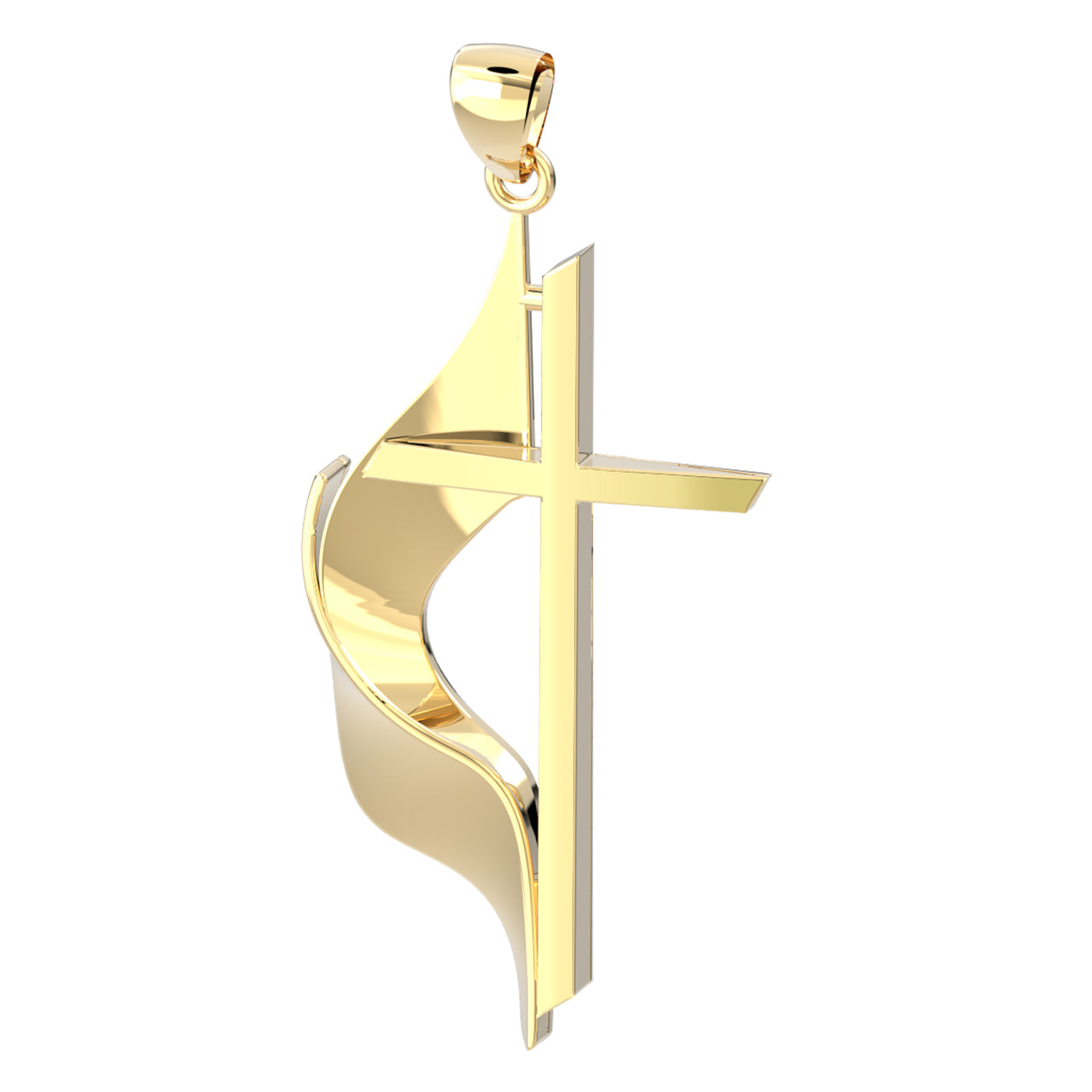14k Yellow Gold Methodist Cross with Flame Pendant Necklace, 30mm