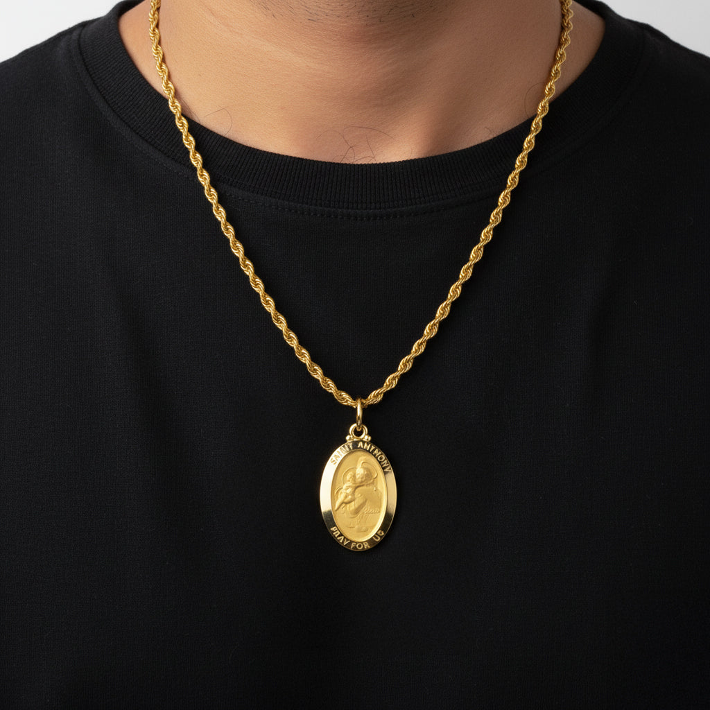 Men's 14K Gold Solid Anthony Medal Pendant Necklace, 28mm