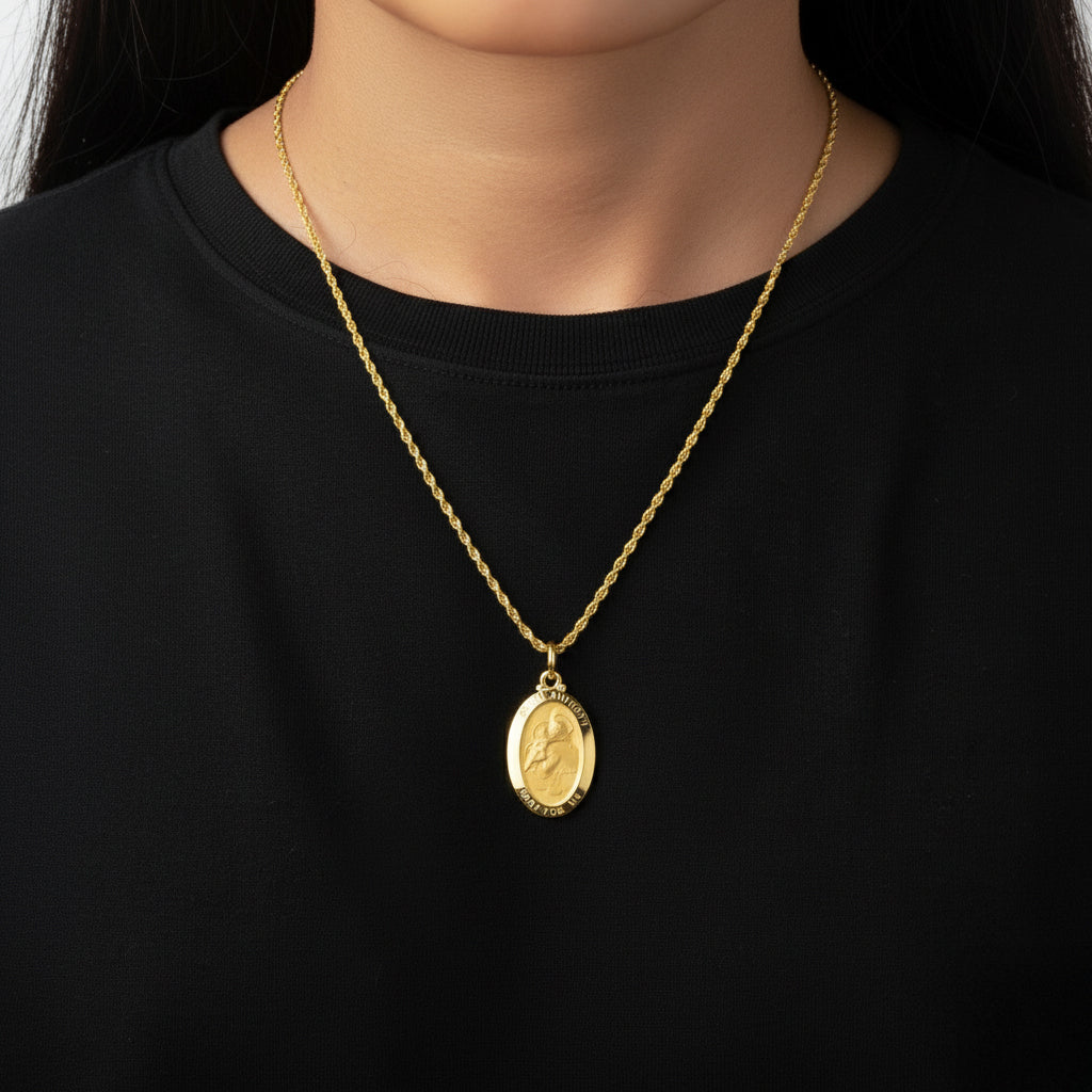 Women's 14K Yellow Gold Solid Oval Saint Anthony Medal Pendant, 26mm