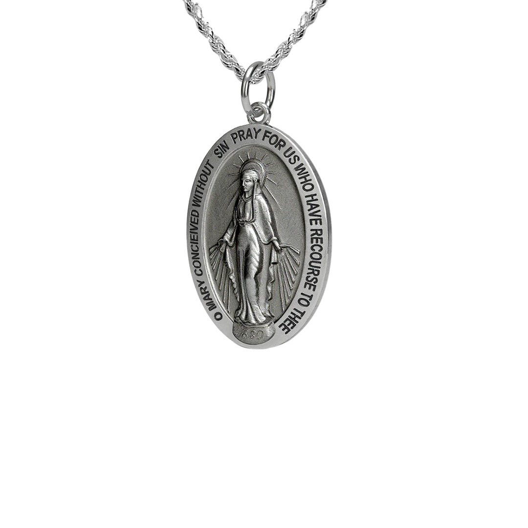 Small Ladies 925 Sterling Silver Oval Miraculous Virgin Mary Antique Finish Pendant Necklace, 21mm