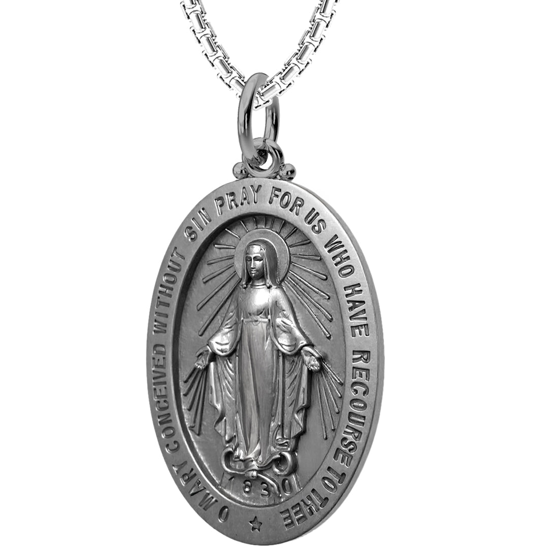 Large 925 Sterling Silver Oval Miraculous Virgin Mary Medal Pendant Necklace, 35mm