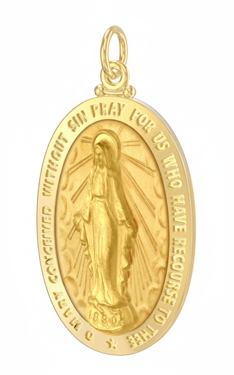 Large 14K Yellow Gold Miraculous Virgin Mary Solid Oval Polished Pendant, 36mm