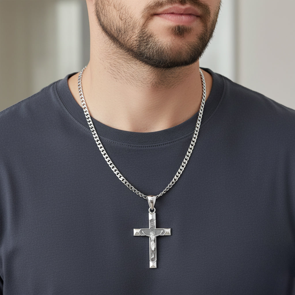Men's Large Heavy Solid 925 Sterling Silver Crucifix Cross Pendant Necklace, 43mm