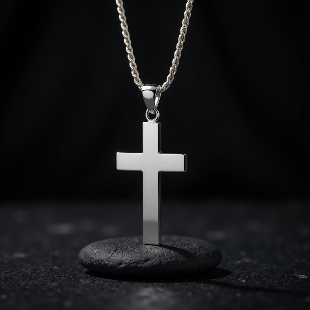 Men's 925 Sterling Silver Christian Cross Pendant Necklace, 40mm