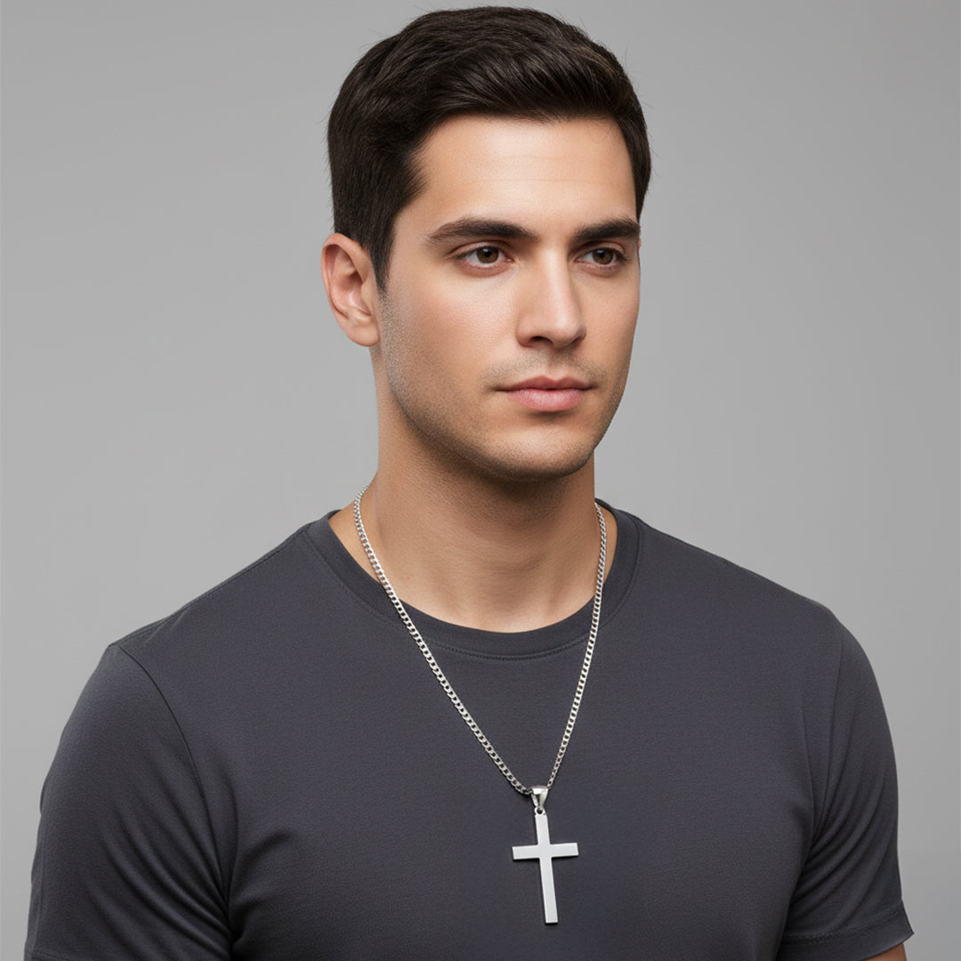 Men's 925 Sterling Silver Christian Cross Pendant Necklace, 45mm